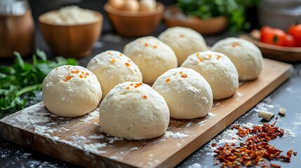 Fototapeta premium Fresh homemade bread rolls with herbs and spices on wooden cutting board in rustic kitchen setting for cooking and baking recipes.