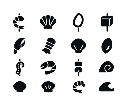 Seafood Skewer Icons. Shrimp skewer seafood variants. Solid icon set of shrimp skewer seafood variants: scallop, squid ring, fish cube, crab claw silhouette,