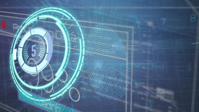 Animation of countdown over round scanner and cyber security data processing against blue background
