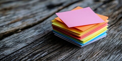 Sticky notes, stack and pile with pages on wooden table for schedule planning, agenda or reminder. Closeup of empty cards or documents for memory, memo or message on checklist, Generative AI