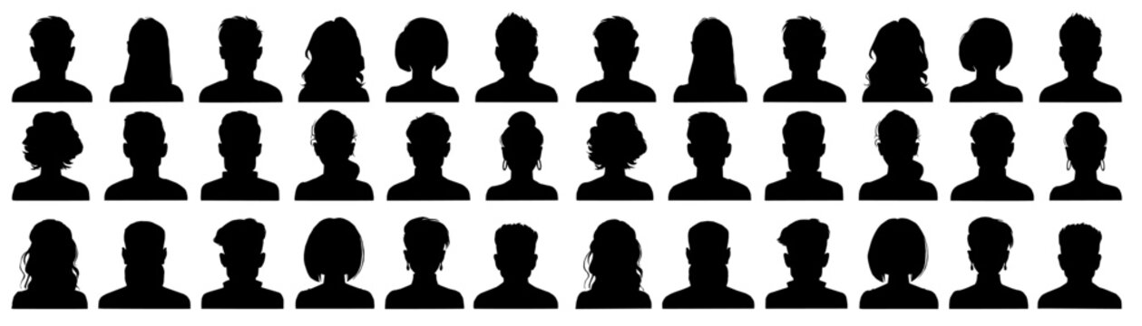 Set  silhouette of anonymous user profile picture icons. Black avatars for men and women with different hairstyles