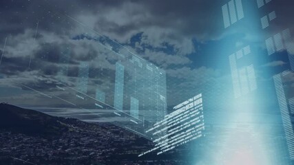 Animation of data processing over landscape with electricity pylons - Powered by Adobe