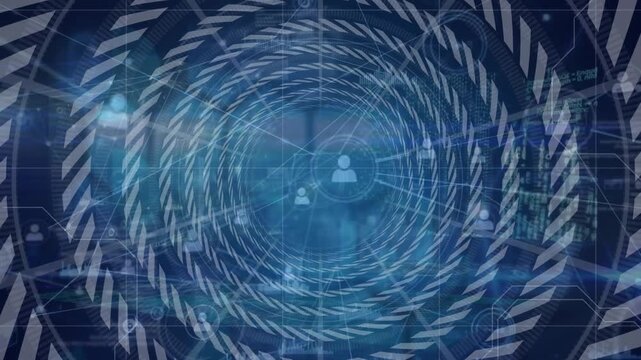 Animation depicts global networking with isohypses and circles on a black background.