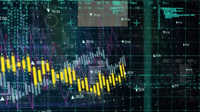 Animation of financial graphs and data over data processing on digital screen