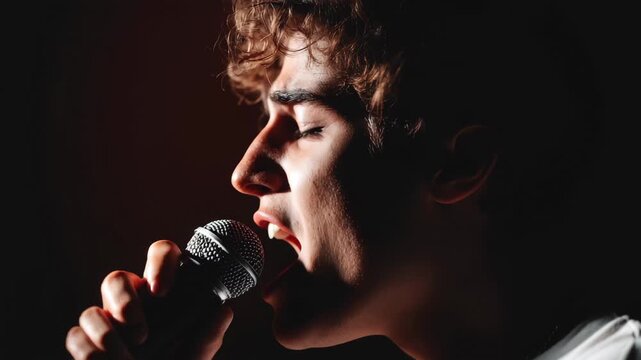 Vocal performance takes place in a small venue at night with a singer expressing emotion through song and connecting with the audience