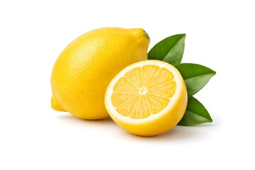 Fresh Lemon with Slice and Green Leaves Isolated on White