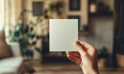 Person, hand and blank page with mockup for note, message or gift card in living room at home. Closeup of empty paper, poster or small sign for alert, notification or reminder of agenda, Generative AI