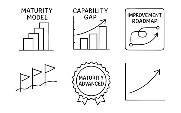 Business progress chart set: maturity model, capability gap, and improvement roadmap