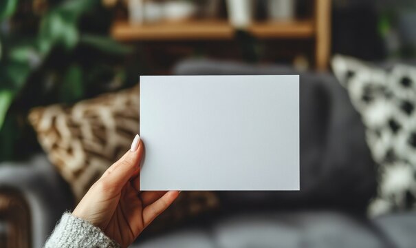 Person, hand and blank page with mockup for note, message or gift card in living room at home. Closeup of empty paper, poster or small sign for alert, notification or reminder of agenda, Generative AI