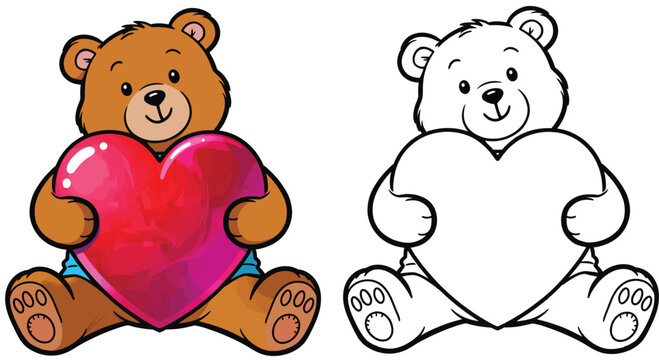 A vector picture of a cute teddy bear clutching a big, glossy heart with a black and white coloring page outline