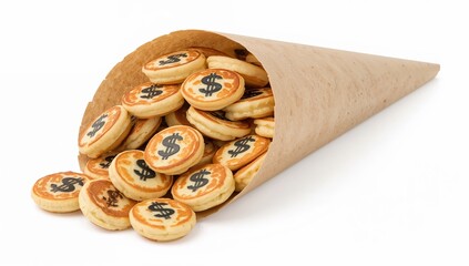 Paper cone filled with mini dollar pancakes and charity event badges for fundraising and giving campaigns