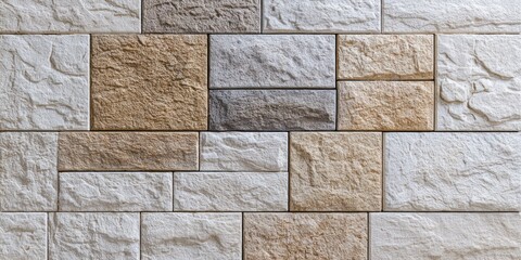 Rectangular decorative stone cladding displays varied neutral tones and rough textures