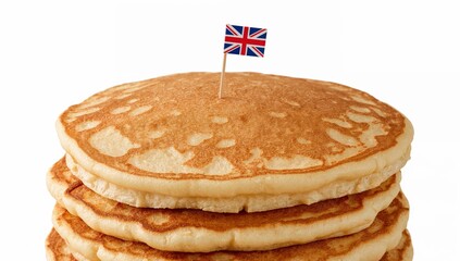 Stacked pancakes with british flag toothpick on top isolated on white background, classic breakfast concept, fluffy food trend