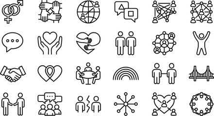Social connection and community outline icon set featuring teamwork communication relationships support networking collaboration diversity unity symbols
