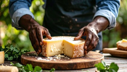 Artisan Cheese Maker Presents A Round Aged Cheese On A Wooden Board With Fresh Herbs And A Blurred Green Outdoor Background Natural Lighting Highlights Texture