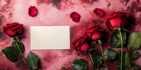 Sticky note, card and valentines day with rose on banner for anniversary or gift above on a pink background. Top view of empty space with flowers, leaves or petals by paper for message, Generative AI
