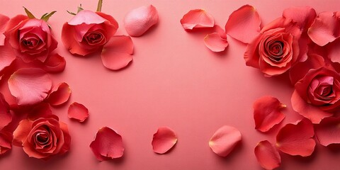 Rose, card and valentines day with flower on banner for anniversary or gift above on a pink background. Top view of empty space with petals by paper for message, love or post, Generative AI