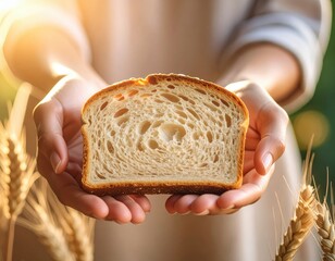 Close Up Of Two Hands Holding A Slice Of Golden Brown Sourdough Bread With Sun Flare And Wheat Stalks In Soft Focus Background