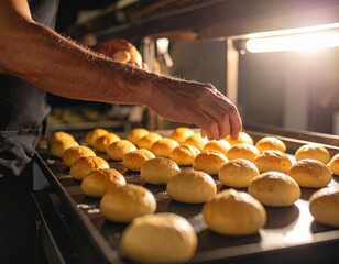 Baker Arranges Golden Brown Bread Rolls on Baking Tray Under Warm Oven Light in Kitchen