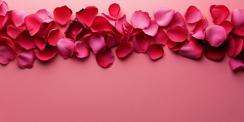 Rose, card and valentines day with flower on banner for anniversary or gift above on a pink background. Top view of empty space with petals by paper for message, love or post, Generative AI