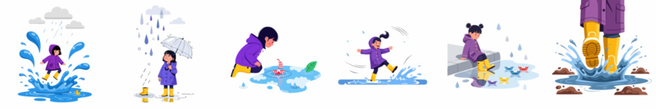 Happy children playing in the rain and splashing in puddles, wearing colorful raincoats and yellow rubber boots. A collection of playful rainy day vector illustrations.