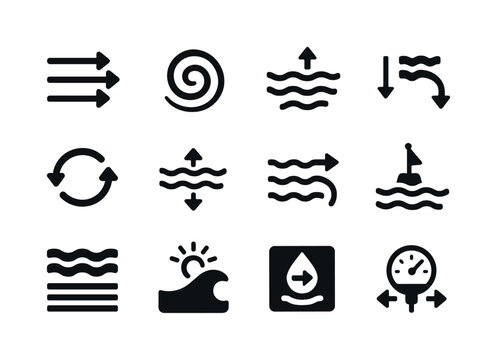 Ocean Current Icons. Ocean currents. Solid icon set of ocean currents: current arrows, gyre swirl, thermal flow, upwelling icon, deep current path, eddy