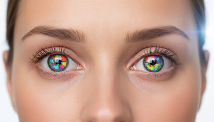 Fototapeta premium Realistic close-up of human eyes reflecting fragmented light rays with subtle color separation highlighting visual spectrum differences and accessibility awareness 