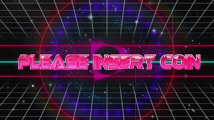 Animation of please insert coin banner over grid network against neon shapes in seamless pattern - Powered by Adobe