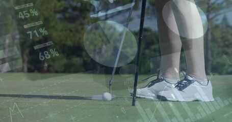 Animation of statistics and data processing over legs of female golf player with golf club and ball - Powered by Adobe