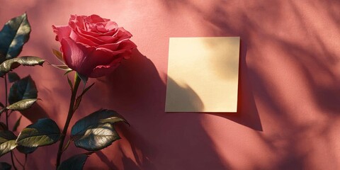 Sticky note, card and valentines day with rose for anniversary, gift or banner on a pink background. Top view of empty space with flower, leaves or petals by paper for message, Generative AI
