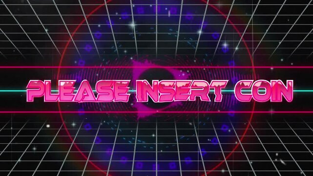 Animation of please insert coin banner over grid network against neon shapes in seamless pattern