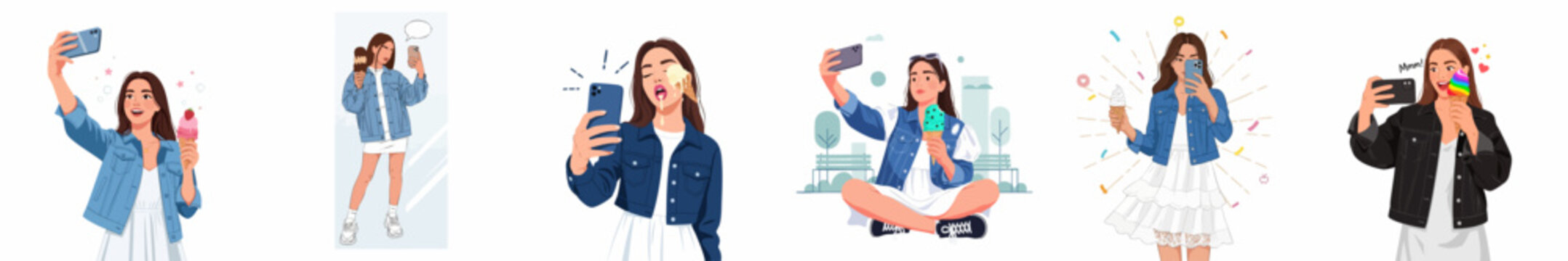 Diverse vector set of a modern woman taking selfies with ice cream cones, illustrating summer fun, social media sharing, and relatable food moments.