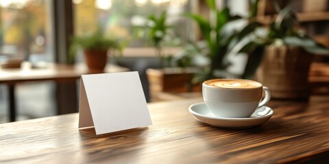 Sticky note, coffee and books with mockup at cafe for creative startup, agenda or tasks. Blank card, paper or sign for message, text or notification with cup of latte, cappuccino, Generative AI