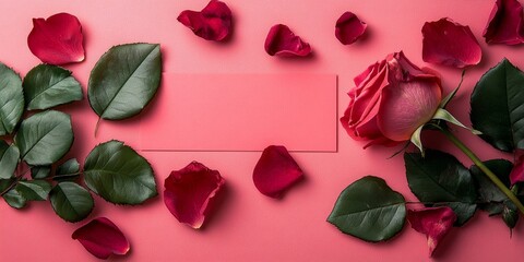 Sticky note, card and valentines day with rose for anniversary, gift or banner on a pink background. Top view of empty space with flower, leaves or petals by paper for message, Generative AI
