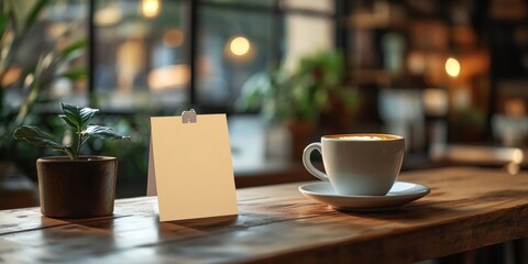 Sticky note, coffee and books with mockup at cafe for creative startup, agenda or tasks. Blank card, paper or sign for message, text or notification with cup of latte, cappuccino, Generative AI