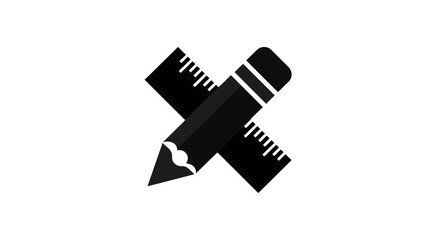 A black and white illustration of a pencil crossing a ruler against a white background