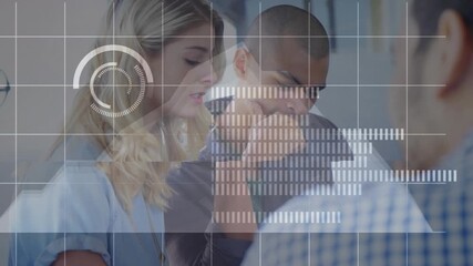 Animation of interface with data processing over diverse colleagues discussing together at office - Powered by Adobe
