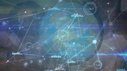 Animation of network of connections over group of diverse girls with a globe model at school - Powered by Adobe