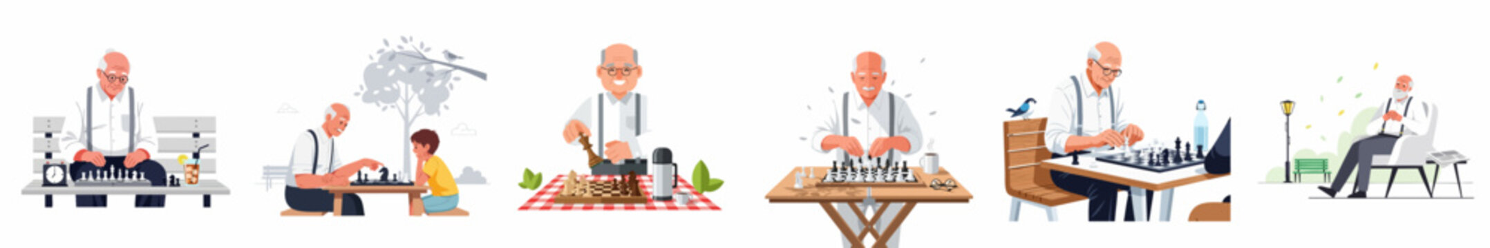 Elderly man enjoying chess outdoors in various settings, playing against a boy, demonstrating retirement hobbies, intellectual games, and park leisure activities.
