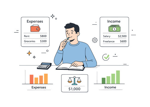 Budget Planning Strategy. Financial planning budget review. Person analyzing expenses and income shown as simple cards and bar charts, thoughtful and organized