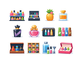 Obraz premium Colorful Perfume Icons. Perfume Collection. Colorful flat vector icons set of Perfume Collection: shelf display bottles, mini-sample set, seasonal edition