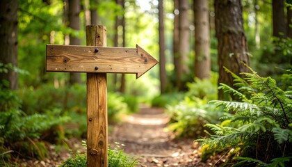 Weathered Wooden Signpost Points Along Forest Path Amidst Lush Green Foliage and Soft Sunlight