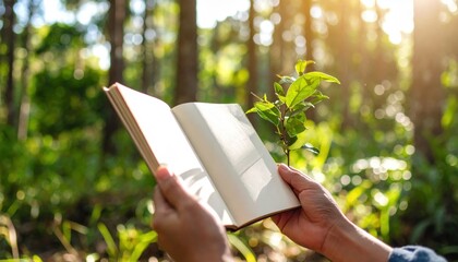 Person Holds Open Book Amidst Lush Forest Sunlight Filtering Through Green Trees Revealing Small Plant Growing From Pages