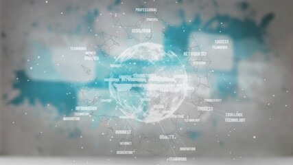 Animation of data processing and globe over blurred background - Powered by Adobe