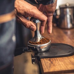 Close Up Of A Barista Hand Tamping Fresh Coffee Grounds In A Portafilter With A Metal Tamper On A Wooden Countertop