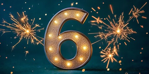 Joyful Number Six Surrounded by Colorful Fireworks and Twinkling Stars, Ideal for Celebrations