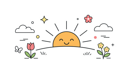 Spring Sunrise Illustration. Sunrise in springtime illustration. Friendly minimal sun with soft rays, light clouds and abstract decorative elements floating