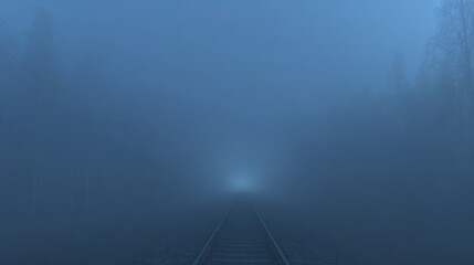 Mystical Foggy Railroad: An eerie railroad track vanishes into a dense, ethereal fog, creating a sense of mystery and isolation, framed by indistinct trees in a serene landscape.