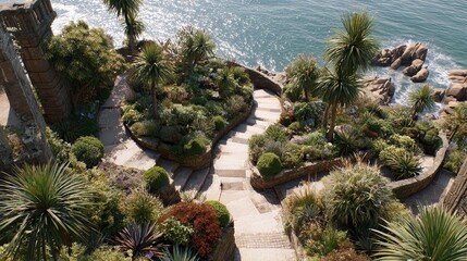 Coastal Garden Oasis: A meticulously designed coastal garden, a serene path winds its way through lush greenery, leading the eye towards the tranquil expanse of the sea.