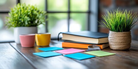 Sticky note, coffee and small business with books at cafe for creative startup, agenda or tasks. Card, paper or sign of message, text or notification with cup of latte, cappuccino, Generative AI